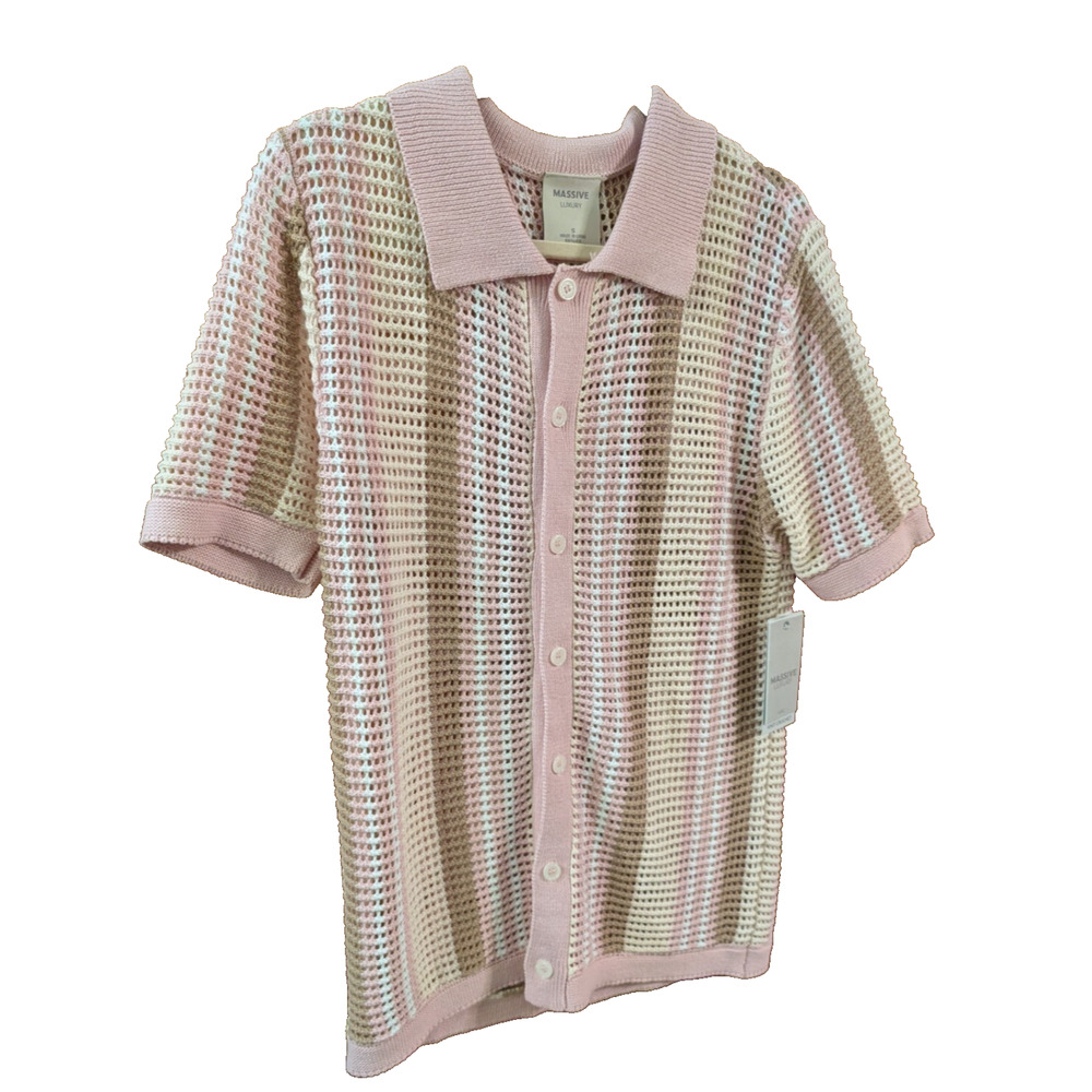 MASSIVE LUXURY Crochet Knit Polo Shirt SMALL‎ Pink, multi NEW NWT